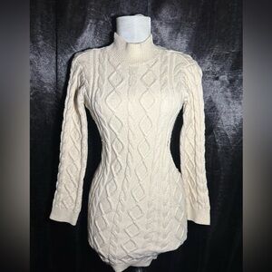 Cream Cable Knit Sweater Dress with Side Cut Out Long Sleeve